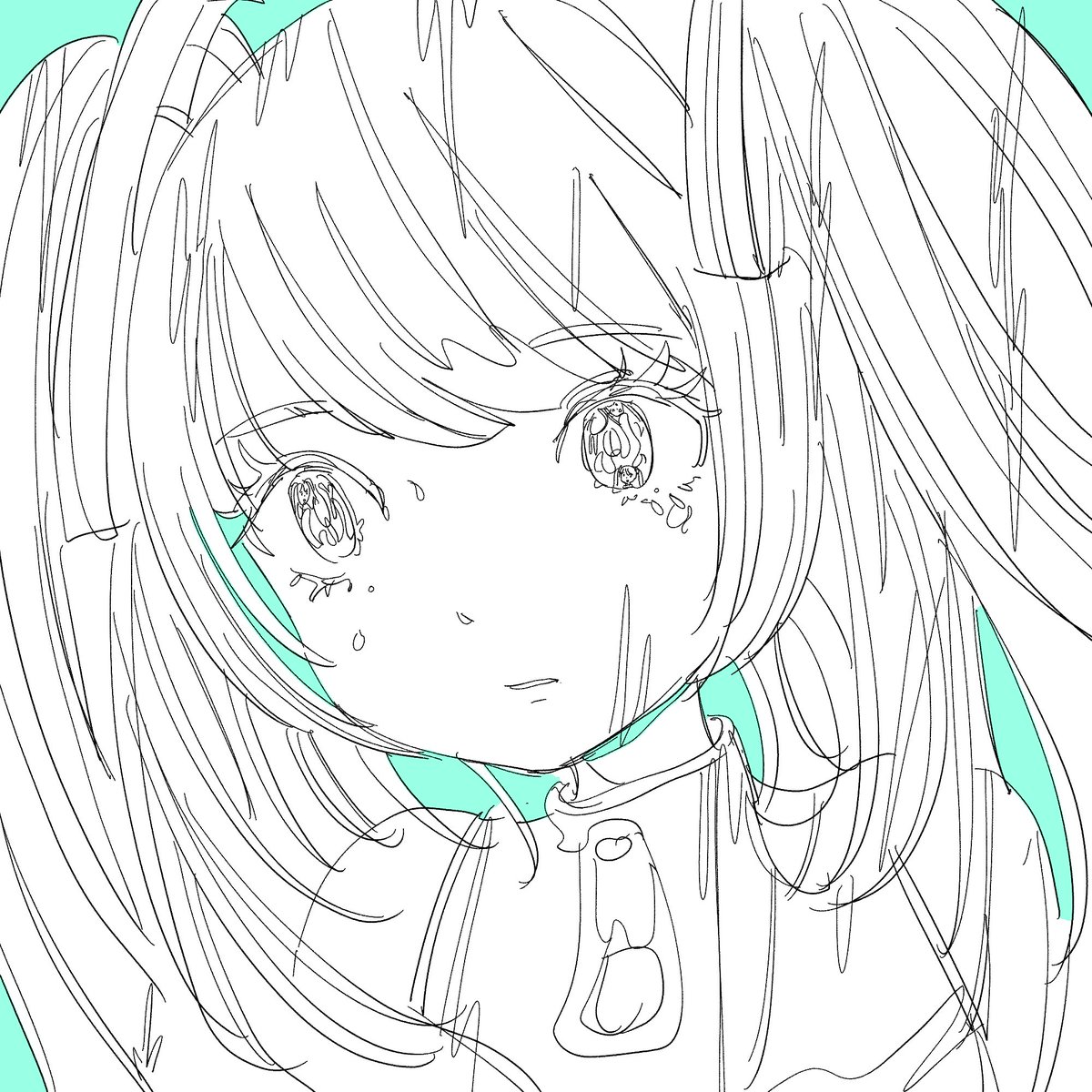 1girl solo monochrome twintails simple background crying parted lips  illustration images