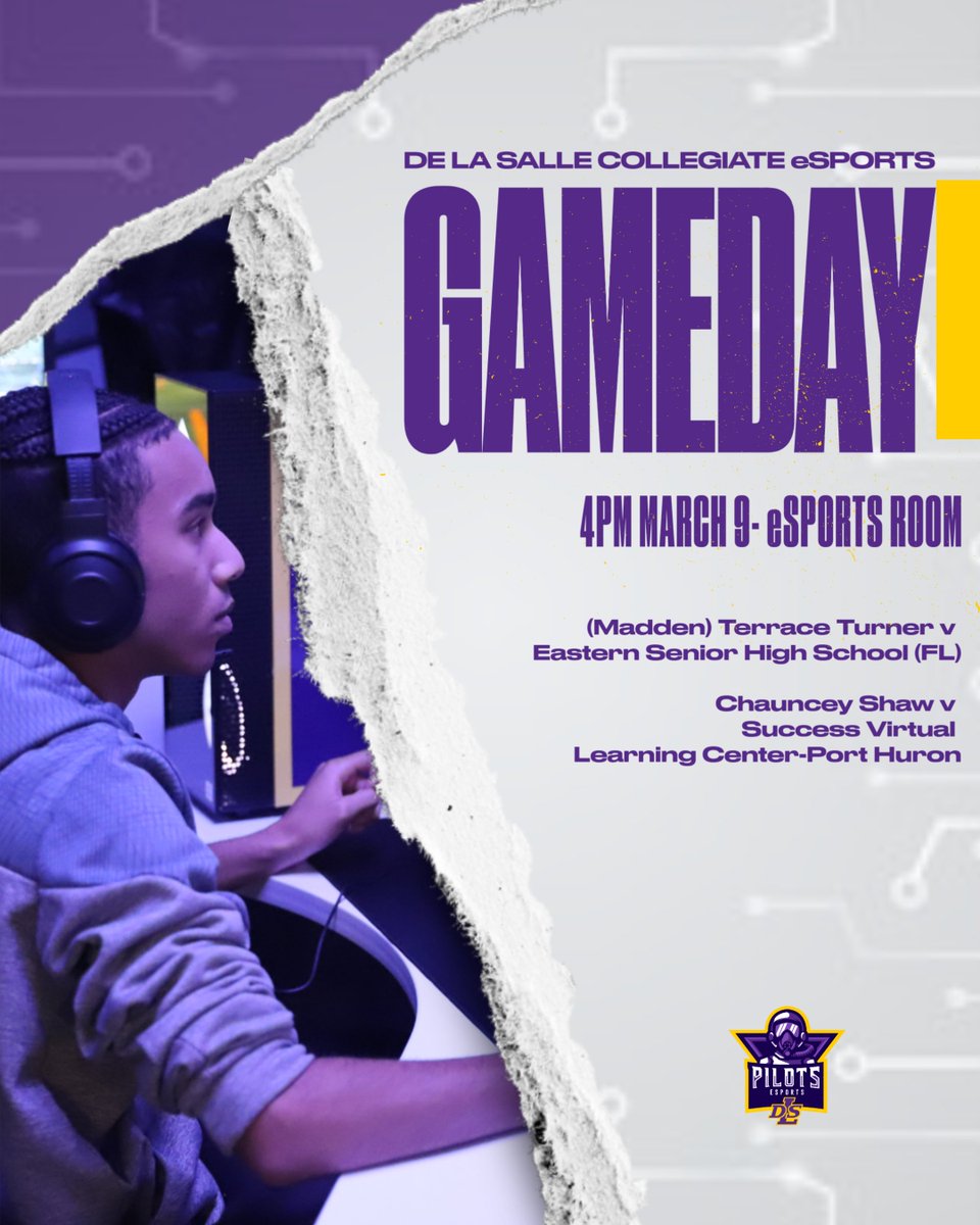 DLS Pilots battle it out in the eSports Room today at 4PM. (Madden) Terrace Turner v Eastern Senior High School (FL) and  Chauncey Shaw v  Success Virtual  Learning Center-Port Huron. Good luck, Pilots! #PilotGameDay