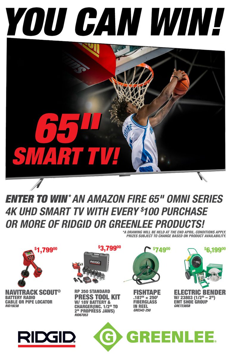 CareSupplyCo's tweet image. Enter to win an Amazon Fire 65" Omni Series 4K UHD smart TV with every $100 purchase or more of @RidgidToday or @GreenleeTools products! #ridgid #greenlee