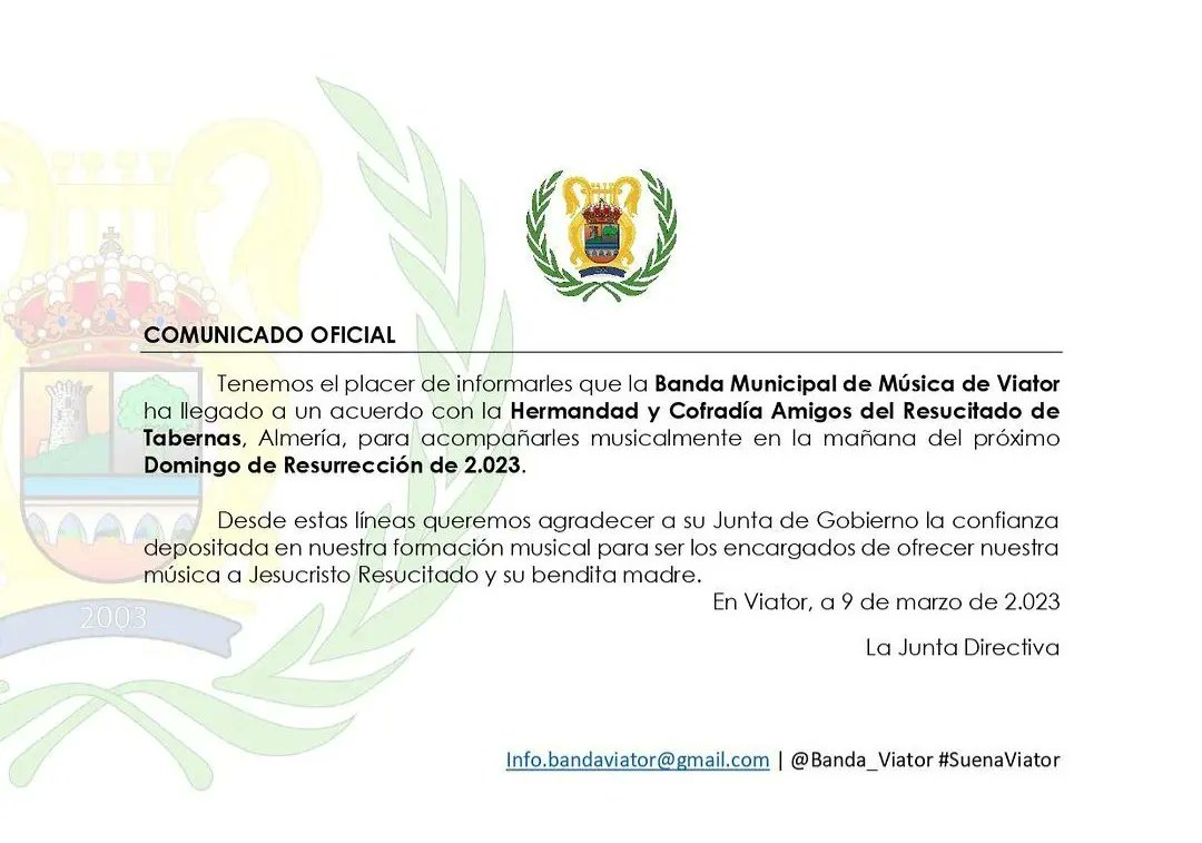Desde <a href="/Banda_Viator/">Banda Municipal de Música de Viator</a> informan del acuerdo llegado con la cofradia del Resucitado de Tabernas para la Semana Santa'23.  #regionescofrade