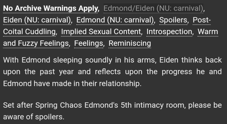 CeasefireFanfic's tweet photo. [The Ghost of Sacred Minutes]
Rated T (mildly suggestive themes)
Eiden/Edmond
One-shot
📖https://t.co/UGAZawmAbK

Summary, warnings and tags in the image below.

#NUcarnival #fanfiction #EiEd https://t.co/rFHGcHXhGR