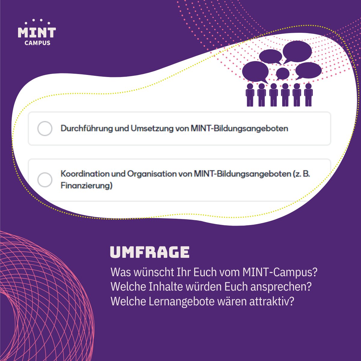 Welche Lerninhalte benötigt die MINT-Community? Partizipiert jetzt mittels unserer Umfrage und helft bei der Gestaltung des #MINT-Campus! lnkd.in/e9Gt5vPv #mintcampus #mintcommunity #mintbildung #lernplattform  #partizipation <a href="/stifterverband/">Stifterverband</a> <a href="/KleineForscher/">(ehem.) Stiftung Haus der kleinen Forscher</a> <a href="/matrixgmbhDE/">matrix Gruppe</a>