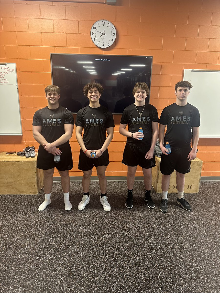 AmesHighFBall's tweet photo. Congratulations to 4 of our lifters that increased their max out weight by over 160 pounds since December! Brett Burkheimer (195), Roger Lopez (180), Erik Rice (170) and Casey Wilhite (170)! Great job this week by our athletes. Videos of this weeks progress will be shared! https://t.co/MmOmfDrVcK