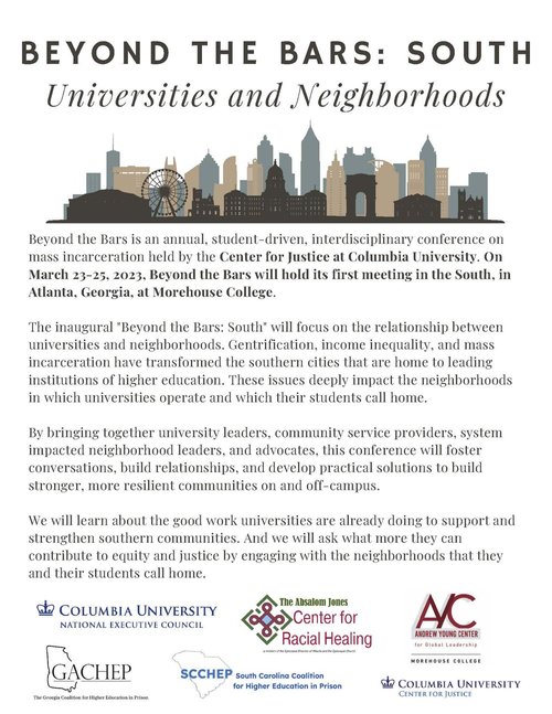AYC1867's tweet photo. The Andrew Young Center, in partnership with the National Executive Council at Columbia University’s Center for Justice, will host a conference at Morehouse College, Beyond the Bars: South.
More here: https://t.co/Jvtm94OeJv
#AYCGL #BeyodTheBars https://t.co/zXB3JCGpfJ