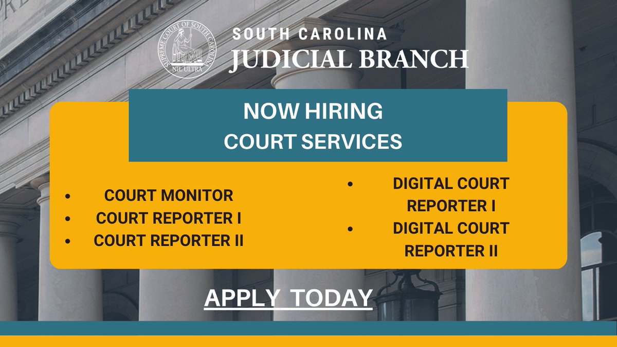 SC_Courts's tweet image. .@SC_Courts is hiring!
Learn more about these exciting careers at the Branch and how to apply here:  governmentjobs.com/careers/sc?dep…