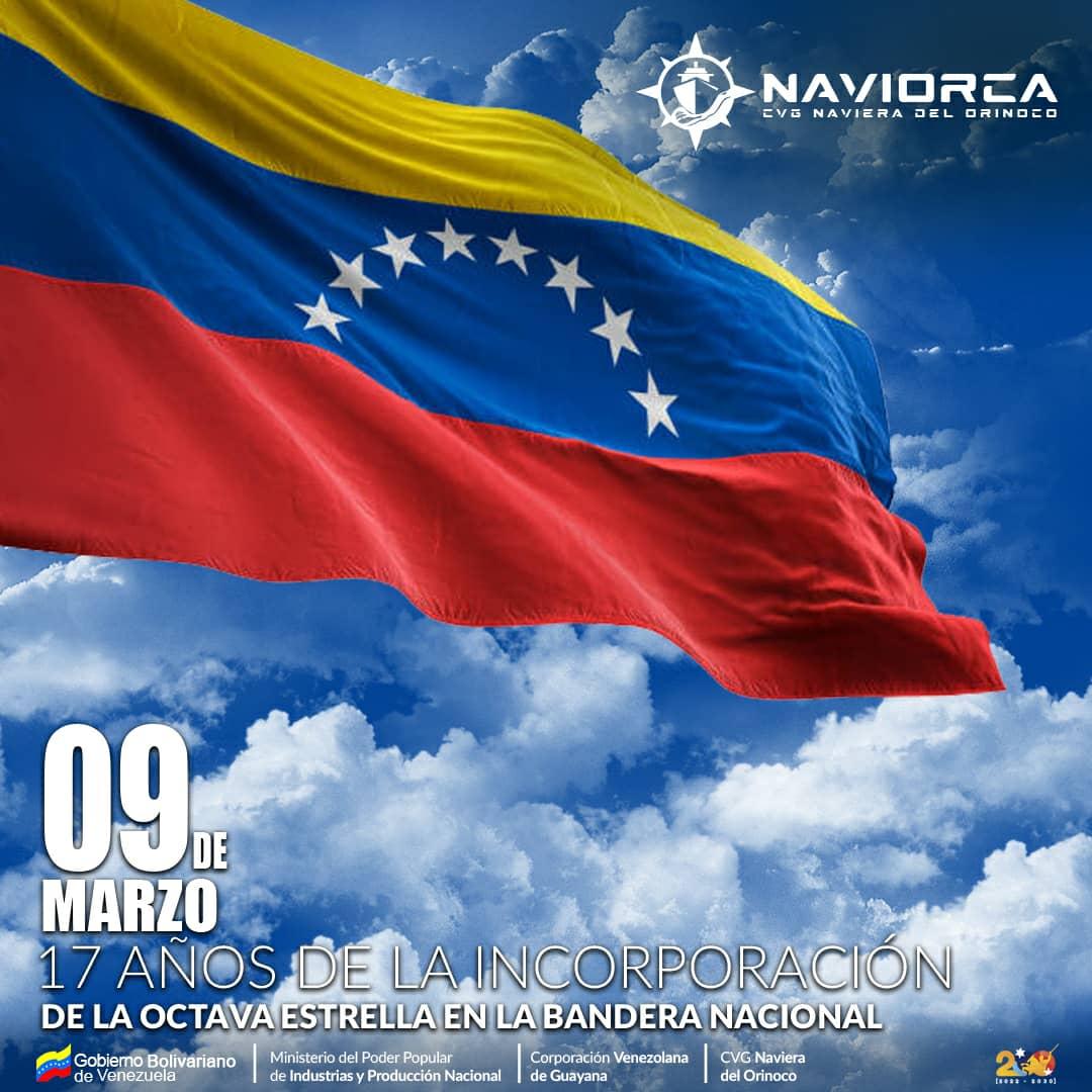cvg_naviorca's tweet photo. 🗓 #09Mar #Efeméride // 17 años de la inclusión de la Octava Estrella en la Bandera Nacional de Venezuela 🇻🇪 por iniciativa del Cmdte. Hugo Chávez, en reivindicación al Decreto del Libertador Simón Bolívar en 1817. 📜✒ #ChávezSiempreChávez https://t.co/7tNLqFQDdY