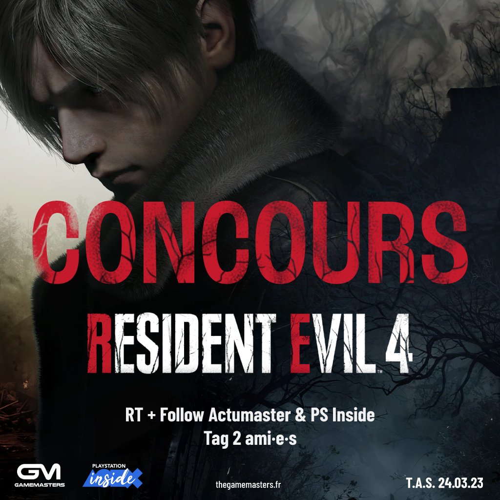 CONCOURS ⚡️

Gagnez un code de RESIDENT EVIL 4 REMAKE sur #PS5 🔥

► RT + Follow <a href="/PSInsideFr/">PSI</a> et @ActuMaster
 
► Tag 2 ami(e)s en com’ 

TAS le 24 mars, jour de la sortie du jeu ! 💥