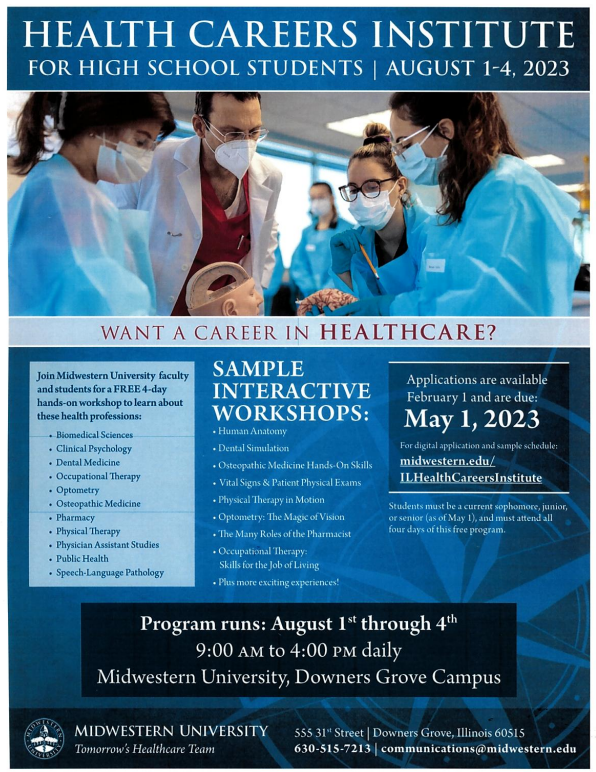 Interested in Healthcare? Check out this cool opportunity from <a href="/MidwesternUniv/">Midwestern University</a> in Downers Grove. They will be hosting the Health Careers Institute from August 1-4 featuring info about several healthcare career pathways. For more info midwestern.edu/ILHealthCareer… #WeAreLT <a href="/LTHSMath_Sci/">LTHS Math & Science</a>