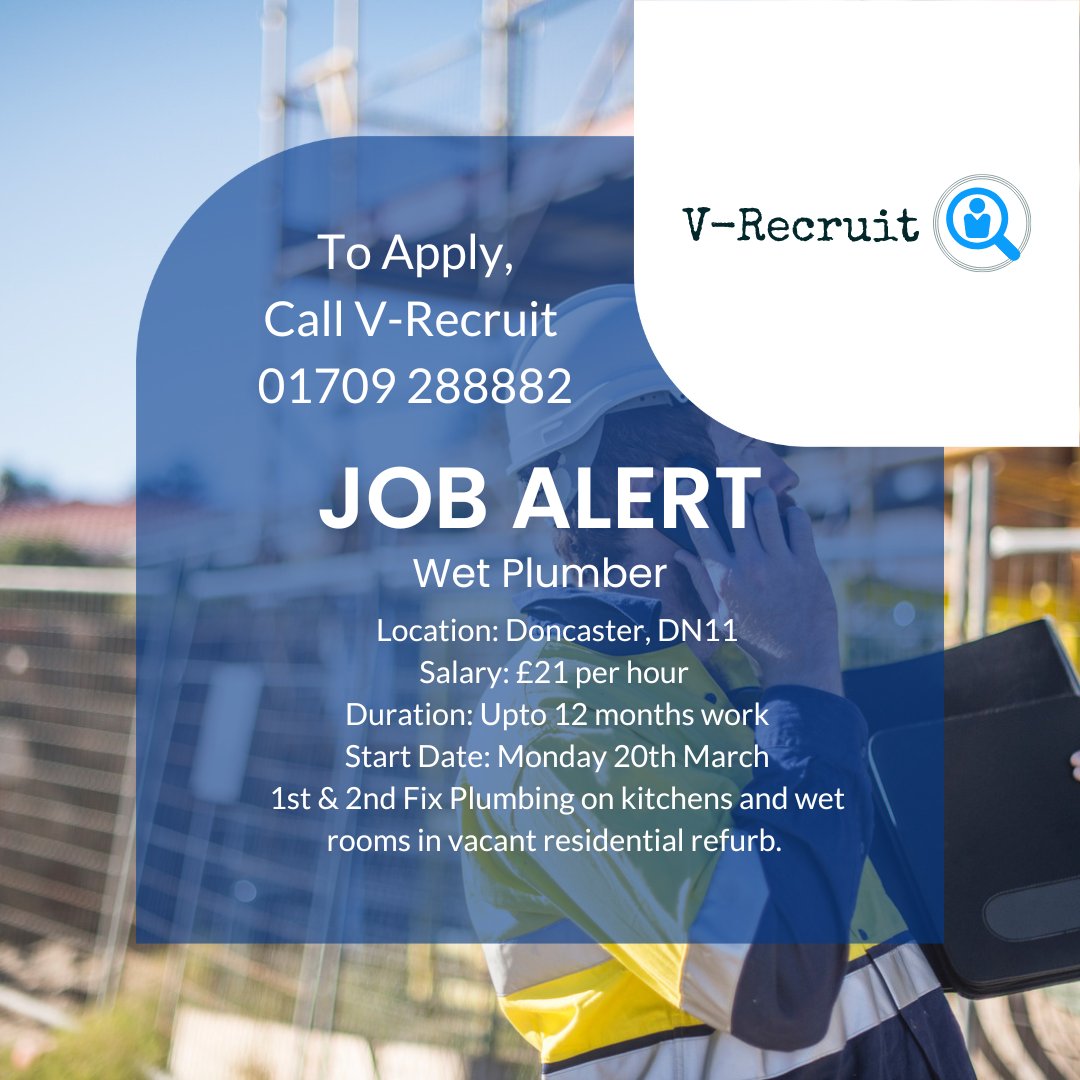 V-Recruit are looking for 1 x CSCS/JIB Plumber to start work in Bircotes, DN11 on Monday 20th March 

1st/2nd fix on residential kitchen and wet room refurbs 

Call V-Recruit on 01709 288882 

#recruiting #jobalert #Plumberjobs #plumbingjobs #plumbinglife #plumbing #work