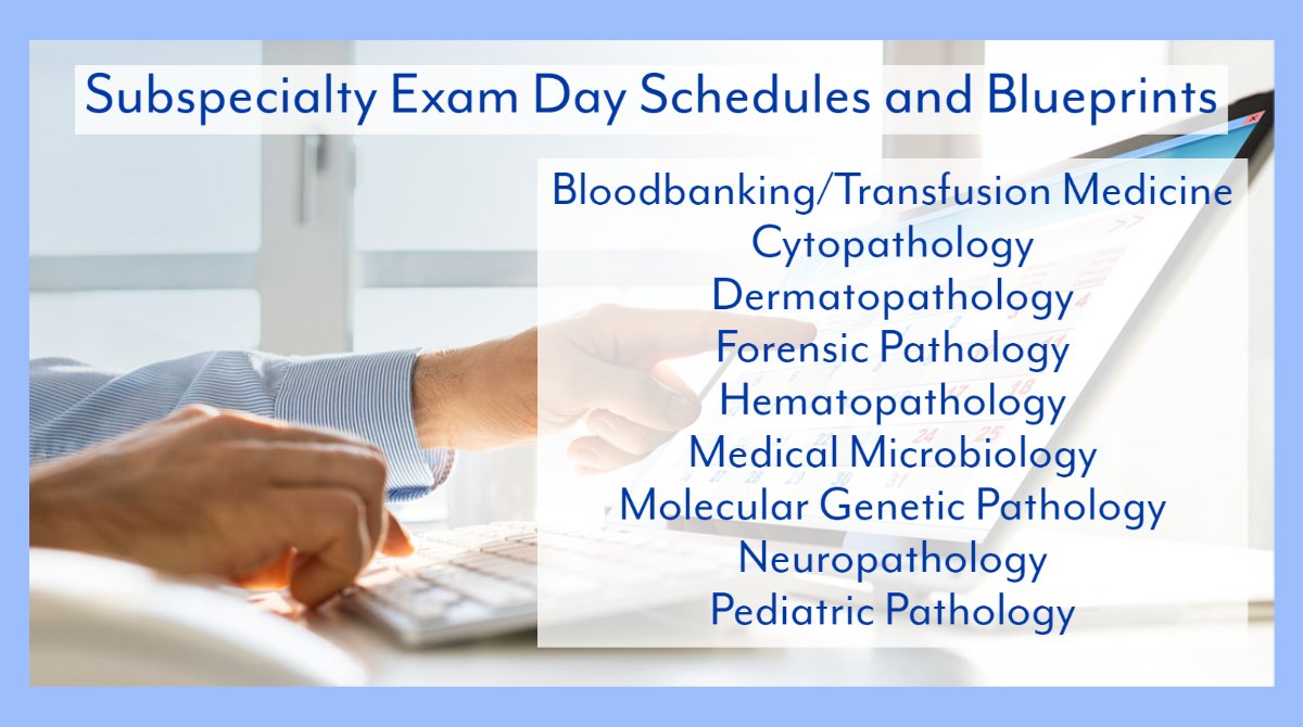 Subspecialty exam day schedules and blueprints are now available on the ABPath website for 2023. Clinical Informatics information to come.  bit.ly/2YnxBIn #bloodbank #cytopath #dermpath #hemepath #forensicpath #molpath #microbiology #neuropath #pedipath #pathboards