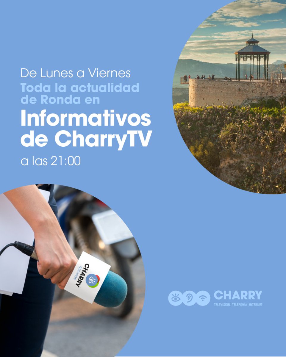 charrytv's tweet photo. Te contamos todo lo que pasa en #Ronda de lunes a viernes a las 21h.📺

ℹ️ Si aún no nos ves, puedes contratar #CharryTV y 100 canales más por solo 12€/mes.
☎️Infórmate en el 952 877 548. https://t.co/954qSkbh4T
