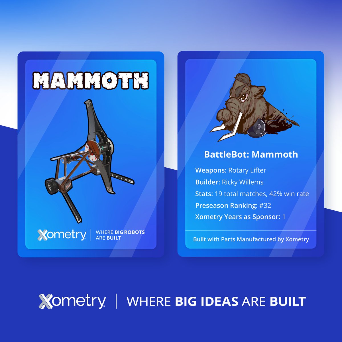 Xometry's tweet image. 🦾 Wishing Xometry-sponsored bots #Mammoth, #Riptide, and #Whiplash good luck tonight on #BattleBots!