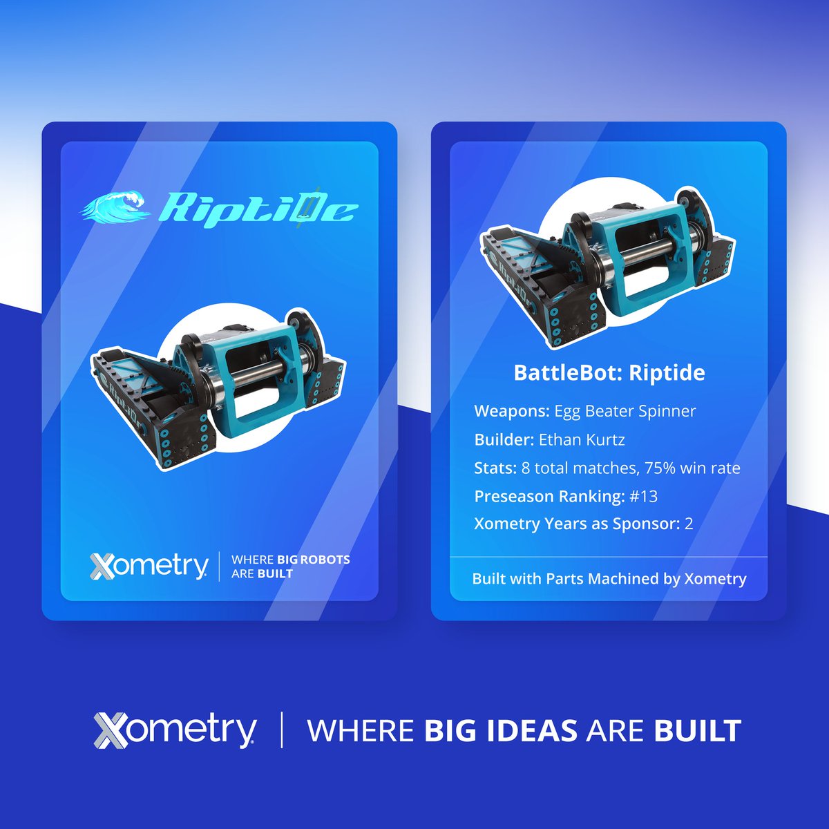 Xometry's tweet image. 🦾 Wishing Xometry-sponsored bots #Mammoth, #Riptide, and #Whiplash good luck tonight on #BattleBots!