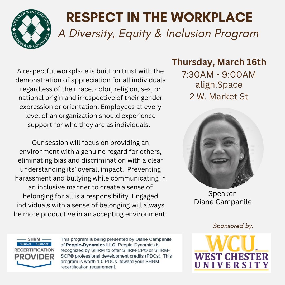 Join us for this informative #BusinessLeadersintheKnow program on Diversity, Equity &amp; Inclusion! Diane Campanile, SHRM - SCP, will identify behaviors that may be based on bias and focus on creating a respectful workplace for all. Register here: ow.ly/rzCu50LVsja✊