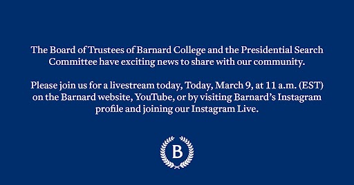 BarnardCollege's tweet photo. We hope you will join us at https://t.co/LxaSWlPVe4, the Barnard Instagram page, or the following YouTube broadcast for a very special announcement at 11am: https://t.co/MtkQzWpmbN https://t.co/0rwkaxswM0