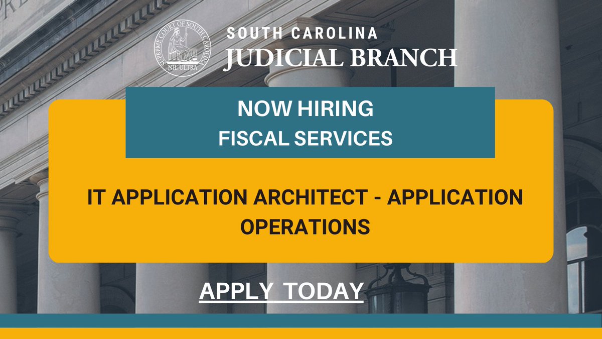 SC_Courts's tweet image. The SC Judicial Branch is hiring an IT Application Architect – Application Operations. Learn more about this role: governmentjobs.com/careers/sc?dep…