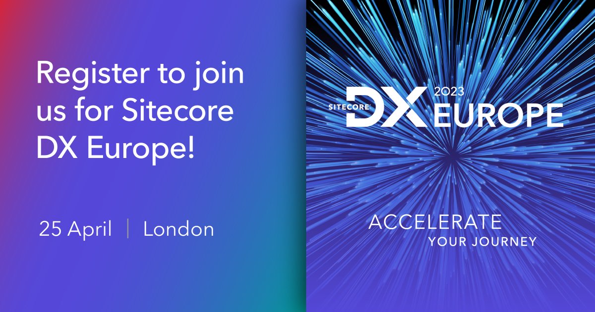 Sitecore's tweet photo. It's official!🎉 Registration is now open for Sitecore DX 2023 Europe! Get your free pass to join us in London on 25 April for workshops, customer stories, keynotes and more, here: https://t.co/IZxE3oqLQm 

#SitecoreDX #SitecoreDXP #Martech #EMEA #London #Europe #SitecoreCMS https://t.co/HGMluTzu63