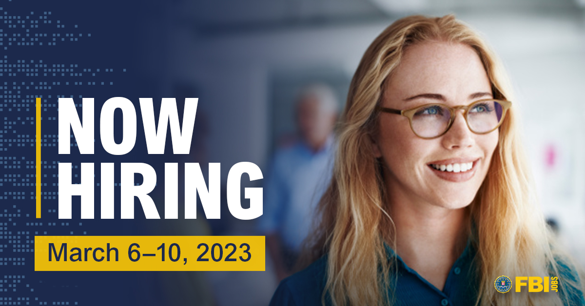 FBIJobs's tweet photo. Ready to break into your career field? Our Collegiate Hiring Initiative can help. We have openings for #HumanResource Specialists, Government IT Specialists, #ProgramAnalysts, and Administrative Specialists. Applications close March 10. #FBIJobs #FBI
https://t.co/i6dpUxqRgx https://t.co/vYkVshmdUY