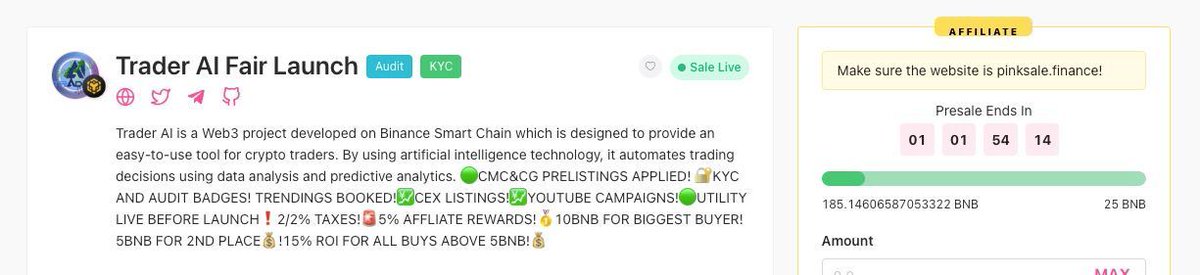 chinapumprocket's tweet image. #TraderAI is having its fairlaunch on Pinksale with 2 badges Audit , KYC’d . Currently they’re raising  185 BNBs+ up to now. it’s 2% taxes and 5% for affliating rewards as well.

🪙PinkSale Link:
pinksale.finance/launchpad/0x00…