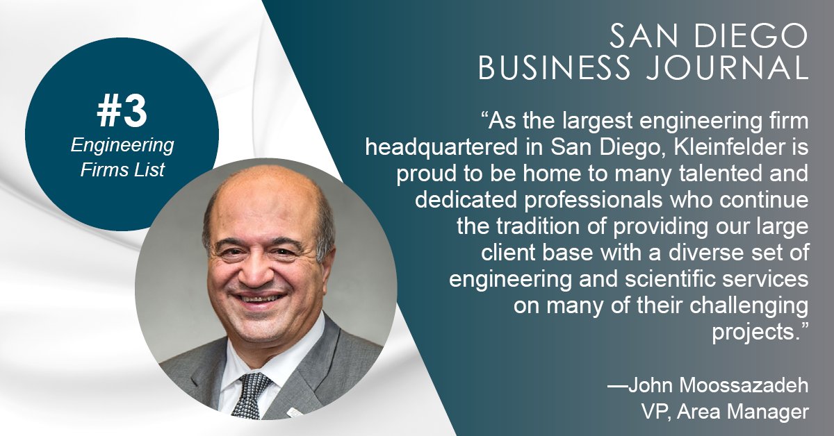 KleinfelderHQ's tweet photo. Kleinfelder made the @SDbusiness 2023 Engineering Firms List, rising to No. 3 from No. 6 last year!
Click Here to see the full Special Section: https://t.co/Z514yJ0cv2
#WeAreKleinfelder #TopEngineeringFirms #SanDiego https://t.co/PYpaOgwQTk
