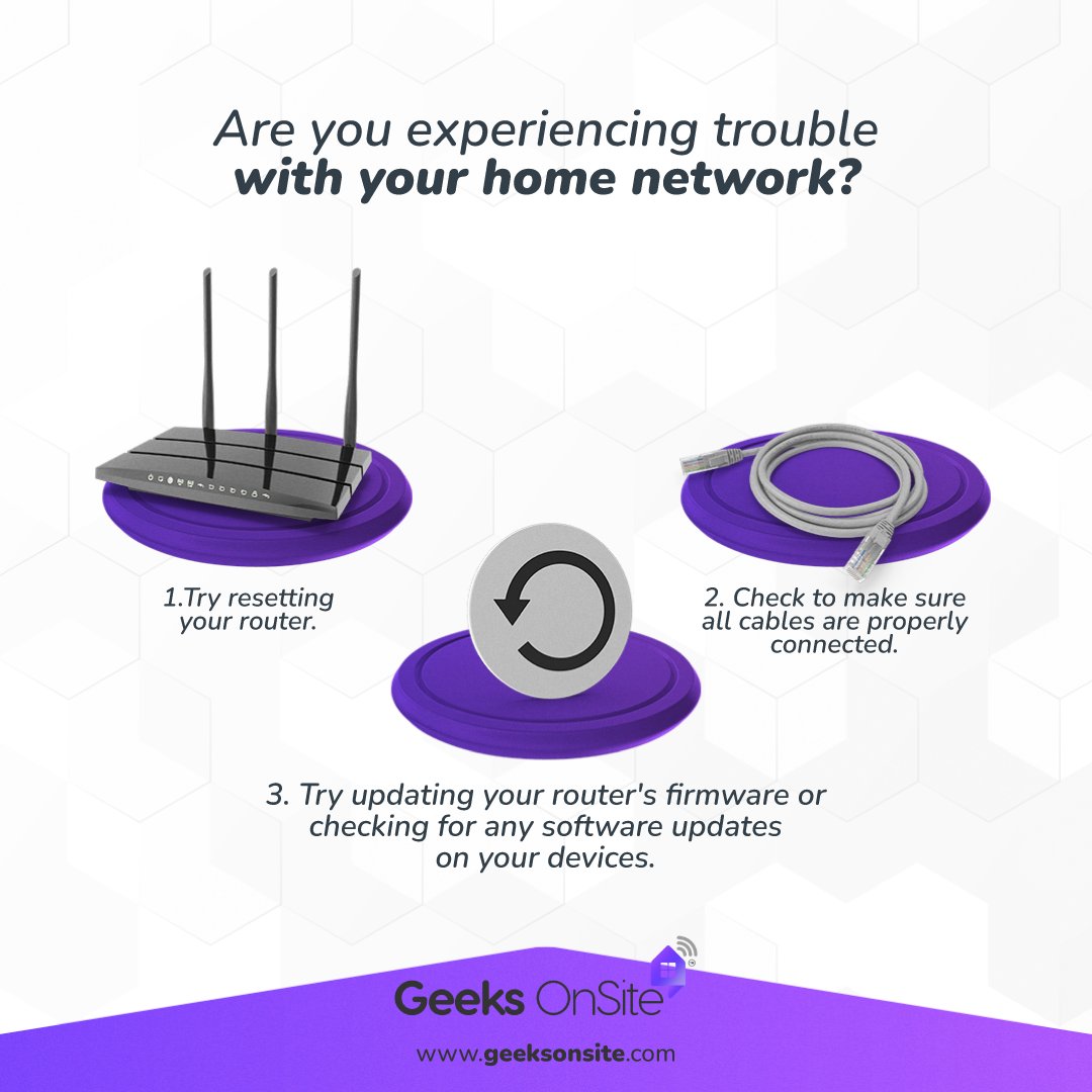 GeeksonSite's tweet image. Are you experiencing trouble with your home network?
If you're having trouble, give Geeks on Site a call! Our team of experts can help you troubleshoot and resolve any issues you're facing.
#GeeksOnSite #HomeNetworkTroubleshooting #RouterProblems #ExpertHelp #StayConnected