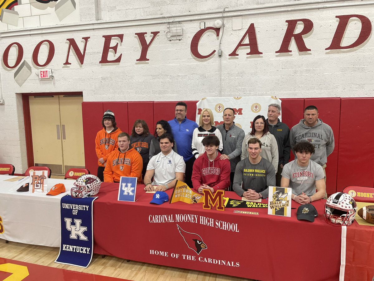 Dylan Murph is at Cardinal Mooney football signing day for us. The following athletes are signing:

Adam Garloch (Bowling Green)
Tino Merlo (Kentucky)
Alec DelSignore (Edinboro)
Rob Hardy (Baldwin Wallace)
Ty Reali (Edinboro)