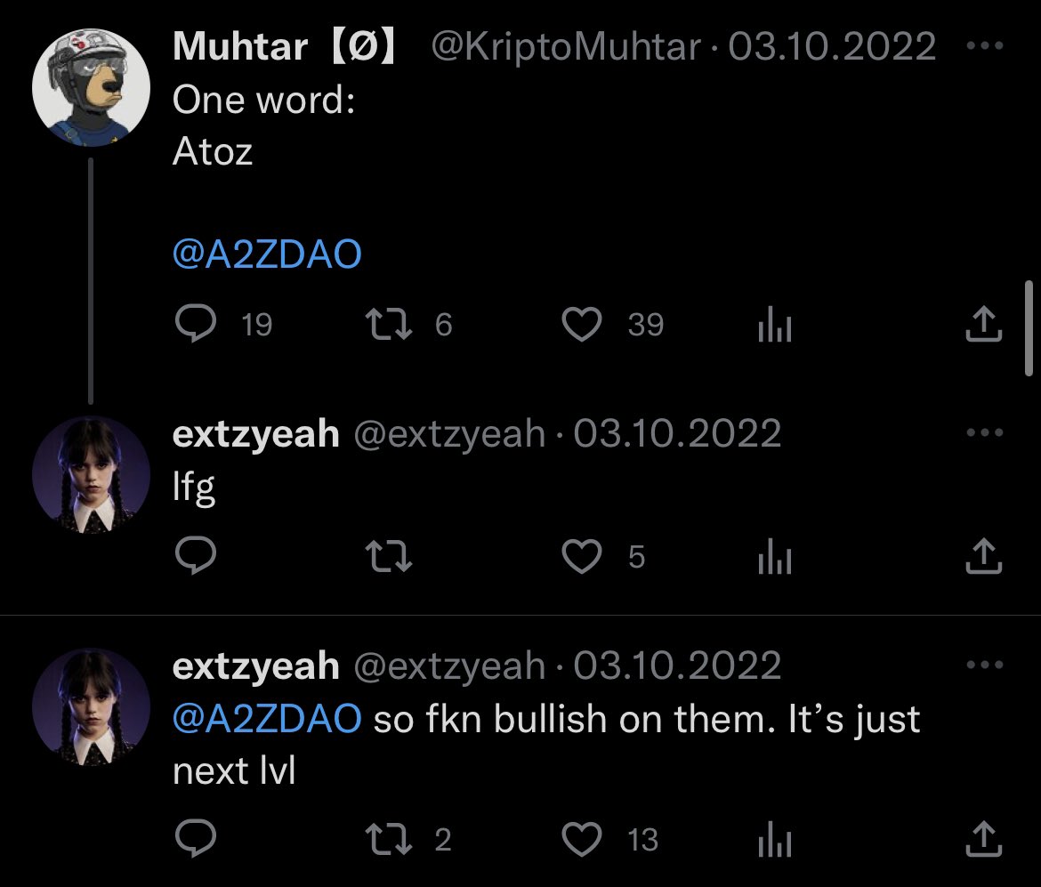 extzyeah (@extzyeah) on Twitter photo I tweeted about them a long time ago. <a href="/A2ZDAO/">ATOZ - building trust</a> I fell in love with this project as soon as I saw it, so I immediately made it clear that it would be one of the most successful in the future. Behind this collection, there is a very successful DAO + one of the best arts in the game. I tweeted about them a long time ago. <a href="/A2ZDAO/">ATOZ - building trust</a> I fell in love with this project as soon as I saw it, so I immediately made it clear that it would be one of the most successful in the future. Behind this collection, there is a very successful DAO + one of the best arts in the game.