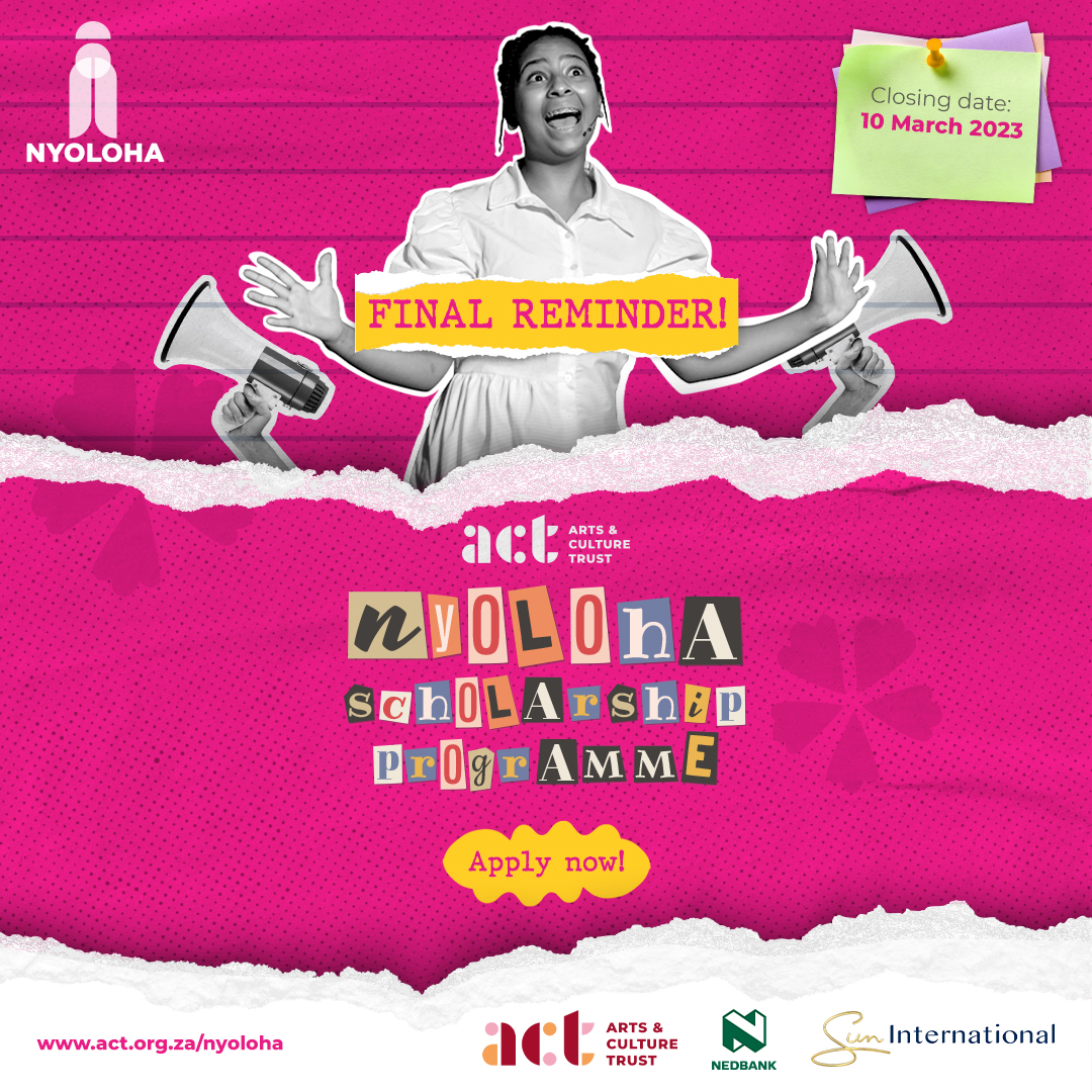 Want to make your mark in the world of visual and performing arts? Apply now for the ACT Nyoloha Scholarship Programme and take your talent to the next level! Applications close soon so don’t wait – apply now! bit.ly/3K7TQvz 

<a href="/actorgza/">Arts & Culture Trust</a> 
<a href="/arts/">Arts</a> and culture trust