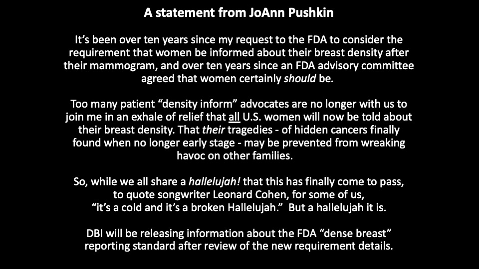 NEWS! The FDA has announced a new national requirement for breast density reporting to both patients and referring health providers. A long haul for dense breast inform advocates. More: densebreast-info.org/legislative-in…