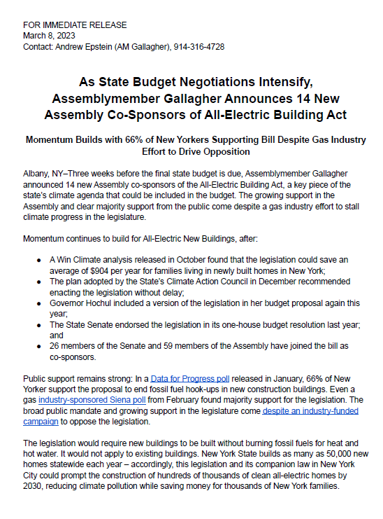 EmilyAssembly's tweet photo. NEW: With the budget deadline approaching, I'm proud to announce 14 new @NYSA_Majority co-sponsors of the All-Electric Building Act since January, bringing the total to 59. My colleagues are standing up for the health of New Yorkers + the future of the planet. Let's get it done⚡️ https://t.co/yE72KgZHAw