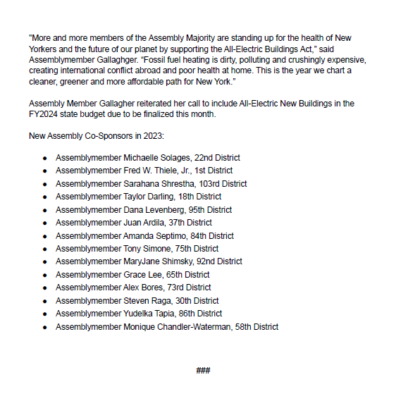 EmilyAssembly's tweet photo. NEW: With the budget deadline approaching, I'm proud to announce 14 new @NYSA_Majority co-sponsors of the All-Electric Building Act since January, bringing the total to 59. My colleagues are standing up for the health of New Yorkers + the future of the planet. Let's get it done⚡️ https://t.co/yE72KgZHAw