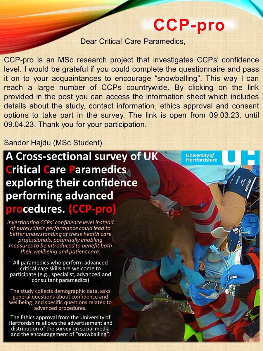 SandorHajdu8's tweet image. Hi all,
Please help me to reach all UK CCPs by sharing this!

Dear Critical Care Paramedics,
Please click on the link if you would like to take part in the survey:
herts.onlinesurveys.ac.uk/a-cross-sectio…

@TheResusRoom and @WiltsAirAmbu kindly showed interest.

Let's get the "snowball" rolling!