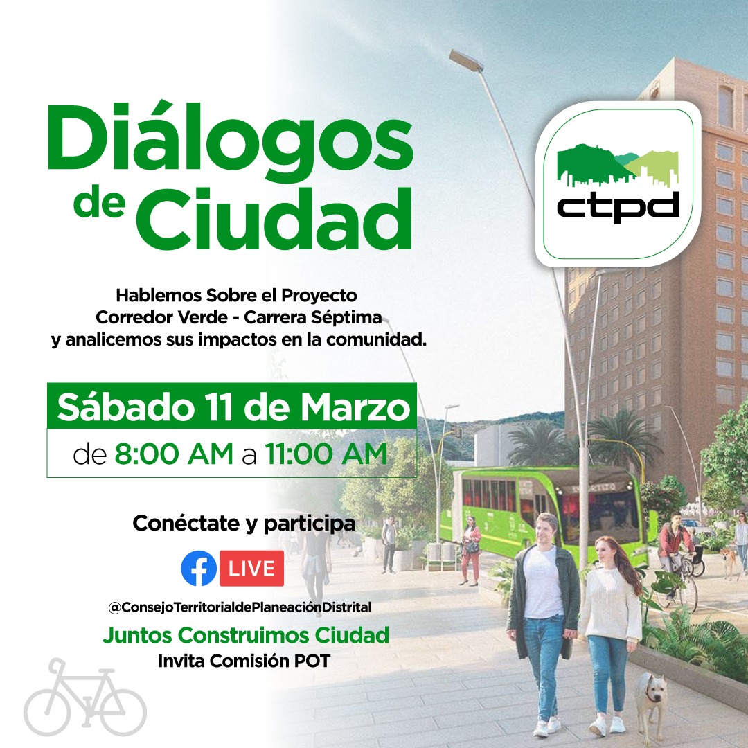 ConsejoTPD's tweet image. 📢 El Consejo Territorial de Planeación Distrital #CTPD en cabeza de la Comisión POT los invita a participar en el evento Diálogos de Ciudad hablemos sobre el #CorredorVerde #CarreraSeptima.

Inscripciones aquí: forms.gle/CiTy9VkhPPznCX…

#NoHuboParticipaciónIncidente