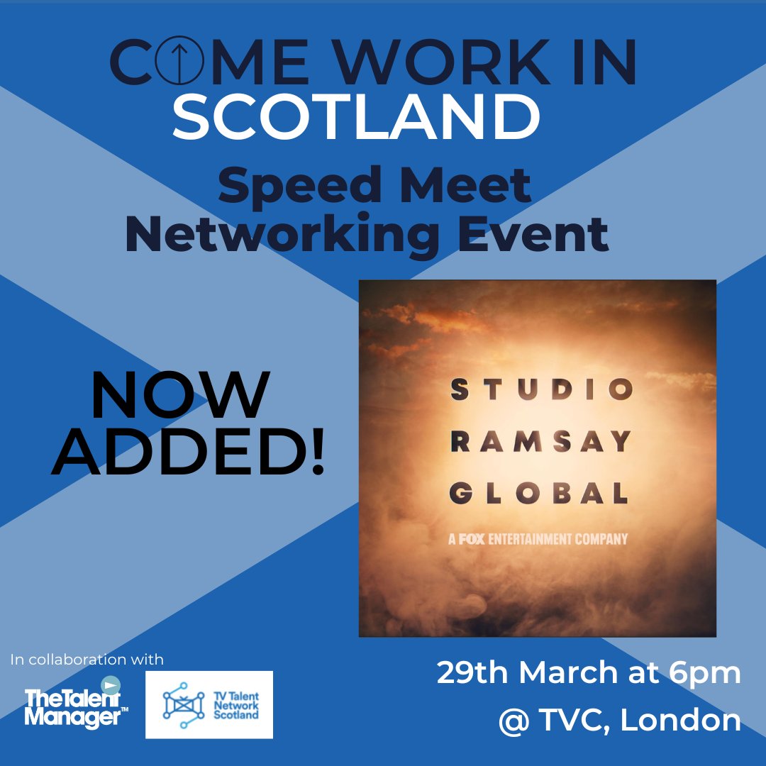 tvtalentmanager's tweet photo. We've now added @Studio_Ramsay to the list of companies attending our
"Come Work in #Scotland Speed Meet" networking event on 29th of March 2023.
DEADLINE for submissions is Monday 13th March!
Send CVs to studioramsaycvs@thetalentmanager.com
#WorkinScotland #TVJobs #TVNetworking https://t.co/IEVdBTp9EG