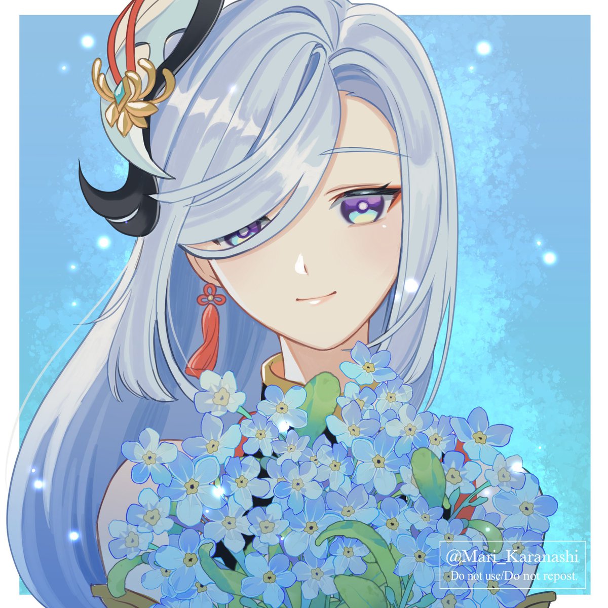 shenhe (genshin impact) 1girl flower solo hair ornament long hair smile looking at viewer  illustration images