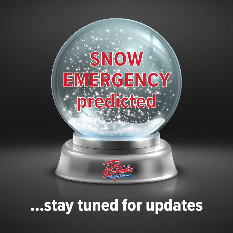 Richfield, MN (@cityofrichfield) on Twitter photo Our crystal ball (and <a href="/NWSTwinCities/">NWS Twin Cities</a> ) are predicting 4-5" of snow over the next 24 hours, making a Snow Emergency likely. Stay tuned for updates! Visit richfieldmn.gov/subscribe to sign up for email or text notifications. Our crystal ball (and <a href="/NWSTwinCities/">NWS Twin Cities</a> ) are predicting 4-5" of snow over the next 24 hours, making a Snow Emergency likely. Stay tuned for updates! Visit richfieldmn.gov/subscribe to sign up for email or text notifications.