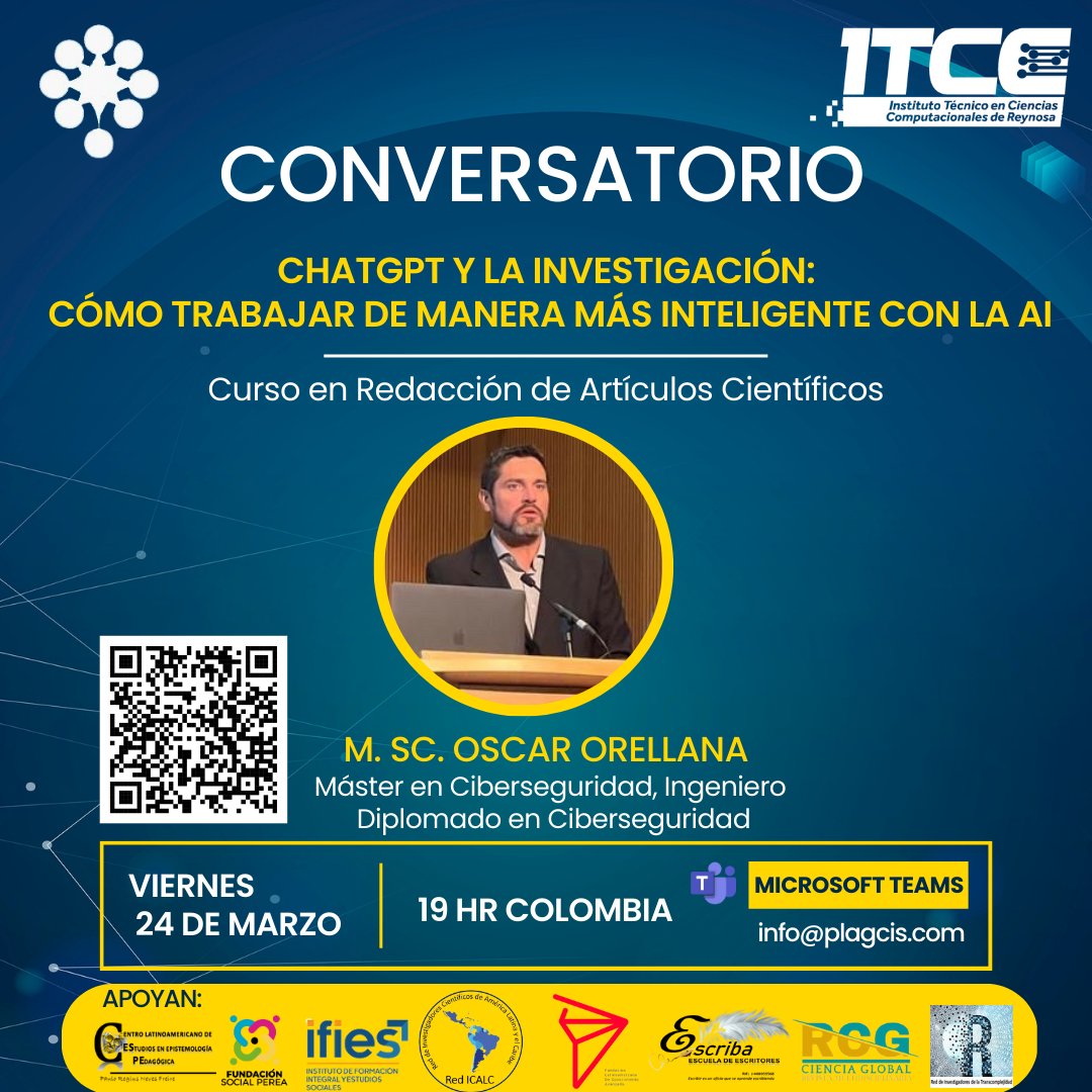 plagcis's tweet photo. Conversatorio sobre 🤖 🔍 "CHATGPT Y LA INVESTIGACIÓN: 

CÓMO TRABAJAR DE MANERA MÁS INTELIGENTE CON LA AI"

Regístrese en el link a continuación: 

📝 https://t.co/j4sUAUSOH6 

Agradecemos de antemano su interés y participación en este conversatorio. https://t.co/tjeUk46kxz