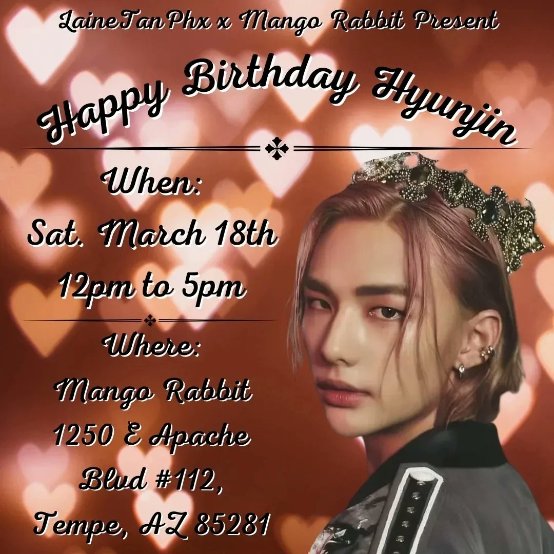 LaineTanPhx's tweet photo. Photo Op Reveal! Hyunjin Standee will be raffled off to one lucky attendee! The standee Raffle will be separate from the regular raffle
#hyunjin #straykids #straykidsedit #stayz #jiniret #skzoo #hyunjinedit #boba #bubblewaffle #bubbletea #bobatea #kpop #tempe #arizona #phoenix https://t.co/qAx6tdZgdm