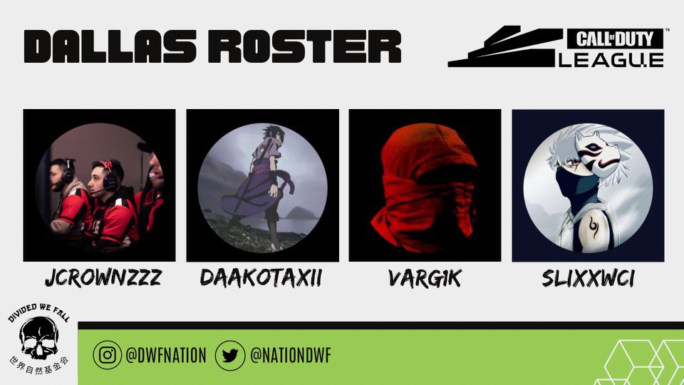 Excited to announce our Two Rosters Competing in the #Optic Major Challengers Open! These Guys are looking to make some upsets happen🔥

DwF- Gold 
⚜️ @IshhCDL 
⚜️@Chorky20 
⚜️<a href="/Intristicc/">NickBeams</a> 
⚜️Kam 

DwF-Black
♠️@SlixxWCi 
♠️<a href="/DaakotaXII/">dakota 🇵🇷</a> 
♠️Jcrownz➡️ <a href="/NoahHydro/">yung gringo</a> 
♠️Varg1k➡️ <a href="/Spadezw/">Edson</a>