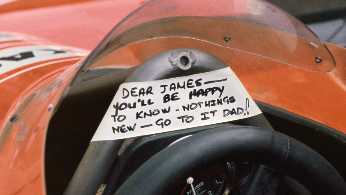 autosport's tweet photo. Did you know: James Hunt's McLaren mechanics would often leave little notes for him to read once he'd hopped in his car.

A sign of how far driver/team communications have come 📝😂 https://t.co/9mLi11IgRm