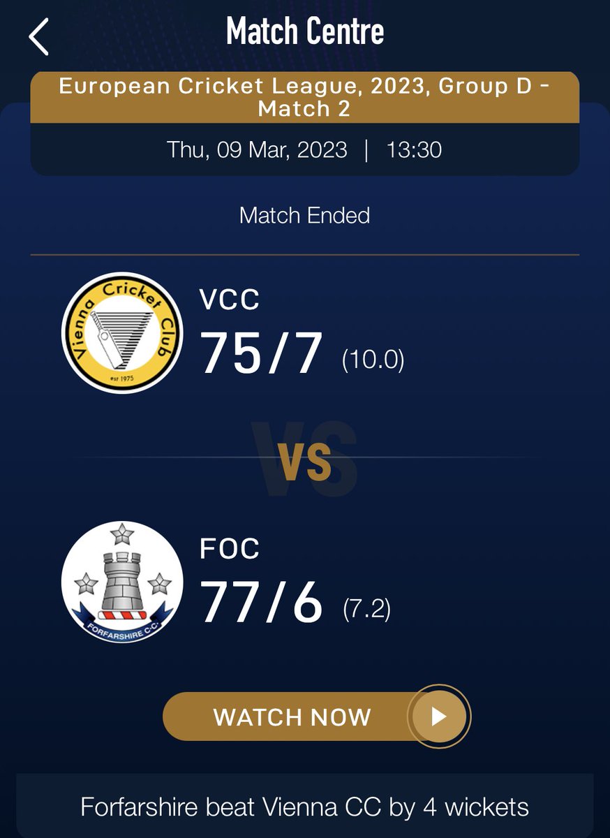 Cartama Oval (@cartamaoval) on Twitter photo Group D Game 2 - despite a small wobble Scottish champs <a href="/the_forfs/">Forfarshire CC</a> win their opener v Vienna CC Austria #ECL2023 Group D Game 2 - despite a small wobble Scottish champs <a href="/the_forfs/">Forfarshire CC</a> win their opener v Vienna CC Austria #ECL2023