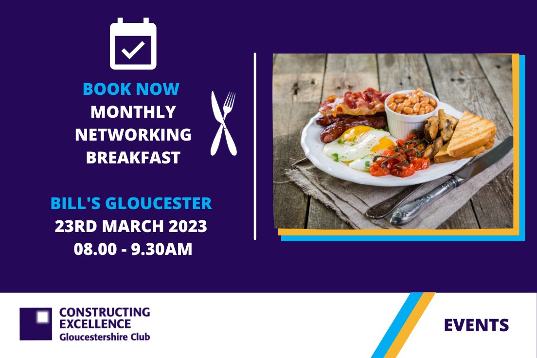 Join us and tuck into breakfast at Bill’s Gloucester this month on the 23rd March. 

Talk to like-minded construction industry contacts whilst enjoying a wonderful breakfast.

Book now at bit.ly/3YCuo5A 

#Networking 
#Gloucester #Events
#Construction #ConstructionSector