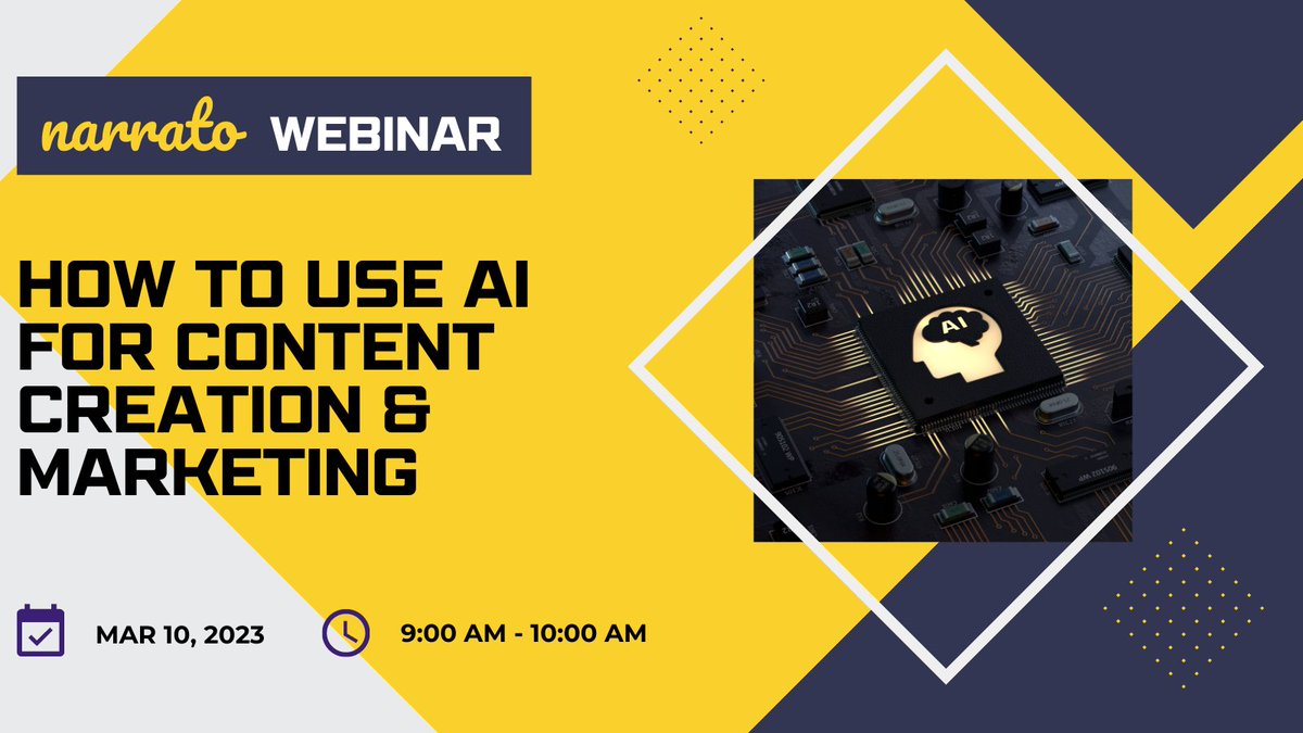 Hurry! Last chance to register for <a href="/narratoio/">Narrato</a>'s webinar hosted by Founder, <a href="/SophiaSolanki/">Sophia Solanki</a> on "How to use AI for Content Creation &amp; Marketing". Register now: us06web.zoom.us/webinar/regist…

🗓️ Date: 10th March 2023
🕰️ Time: 9-10 AM (IST)

#AI #contentmarketing #contentcreation #webinar