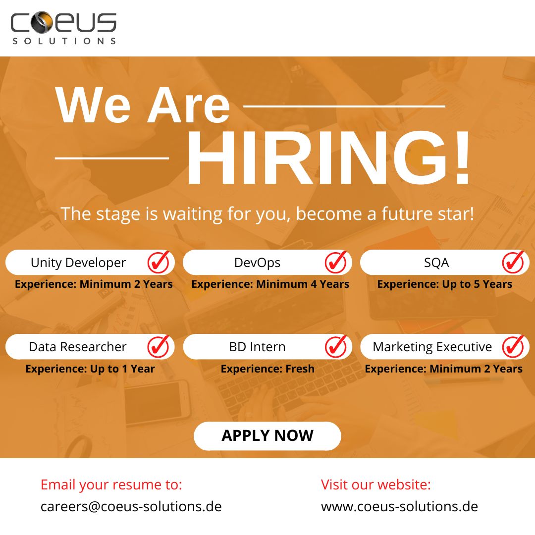 CoeusSolutions's tweet photo. @CoeusSolutions is hiring for multiple positions!!! 📢

If you're interested, please send your updated CV to: careers@coeus-solutions.de

#CoeusSolutions #Hiring #Jobs #UnityDeveloper #DevOps #SQA #DataResearcher #BusinessDevelopment #MarketingExecutive https://t.co/1cv6cdRSv9