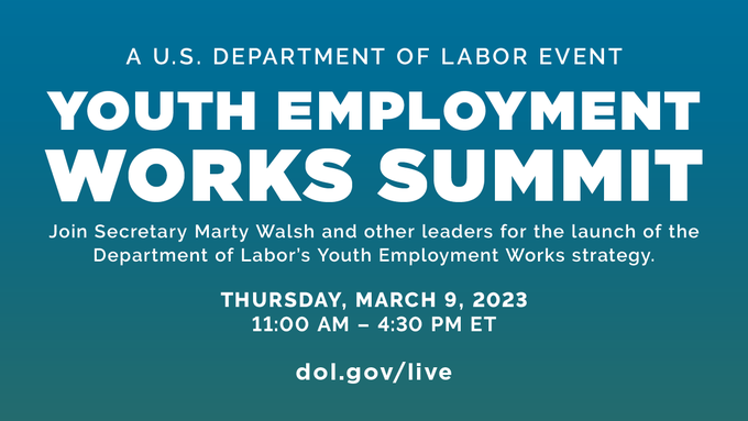 Join @SecMartyWalsh, Deputy Secretary Julie Su and others March 9, 11am-4:30pm ET to hear about the strategy for connecting our future workforce, students and young people, to good jobs. buff.ly/3L3RpdV
#YouthEmploymentWorks
