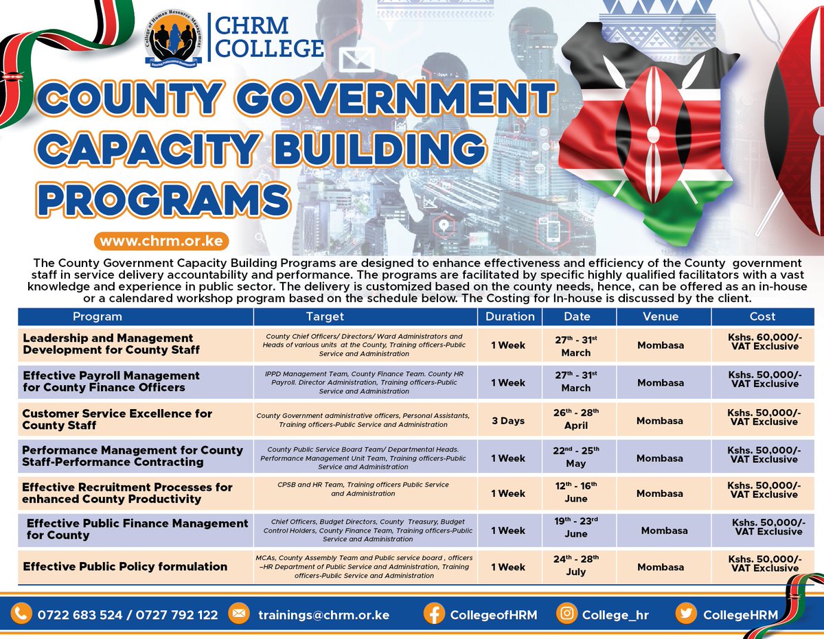 Boost your leadership skills and improve governance in your county with CHRM College's County Government Capacity Building Programs.