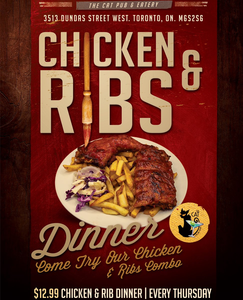 Every Thursday, enjoy a tender rack of Jack Daniels-infused baby back ribs paired with a juicy quarter chicken, Fries, and Coleslaw for $12.99. You won't find this deal anywhere else, so visit The Cat Pub &amp; Eatery to take advantage of this offer.