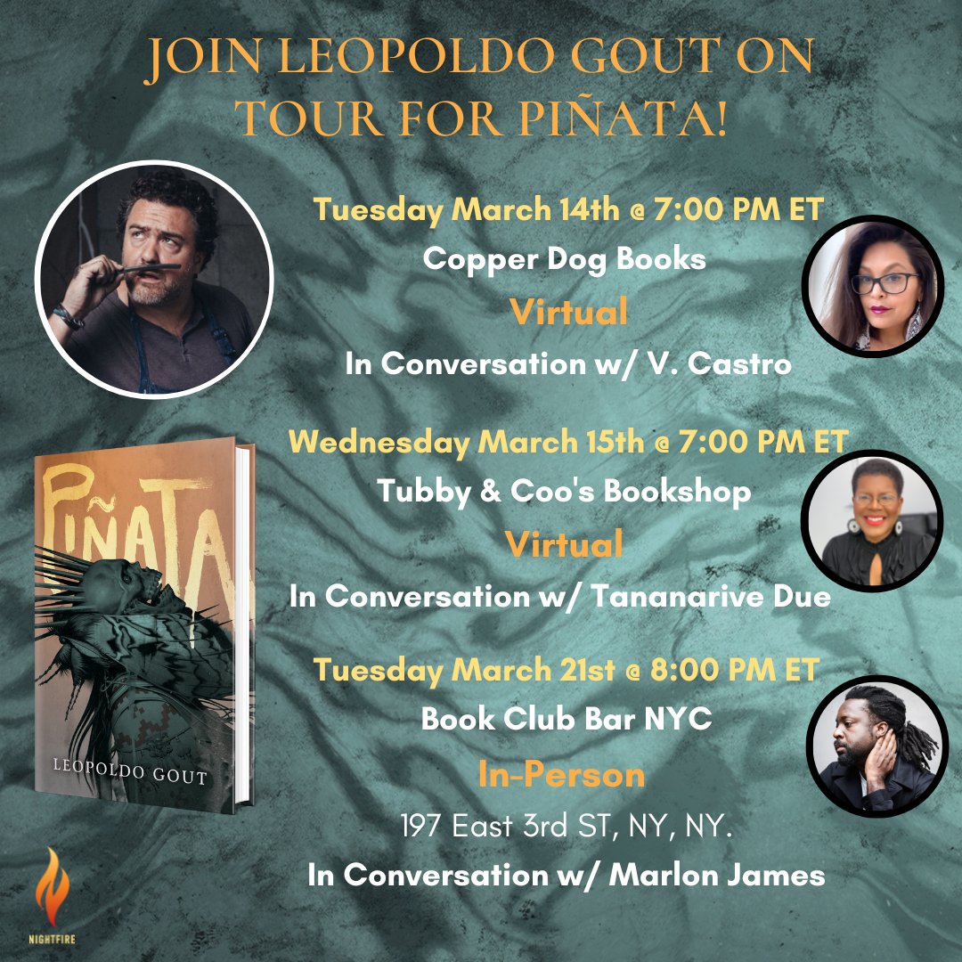 Piñata is almost upon us, and author Leopoldo Gout is going on tour!  

Catch Leopoldo in conversation with <a href="/vlatinalondon/">V. Castro</a>, <a href="/TananariveDue/">@tananarivedue.bsky.social</a>, and <a href="/vlatinalondon/">V. Castro</a> 🪅