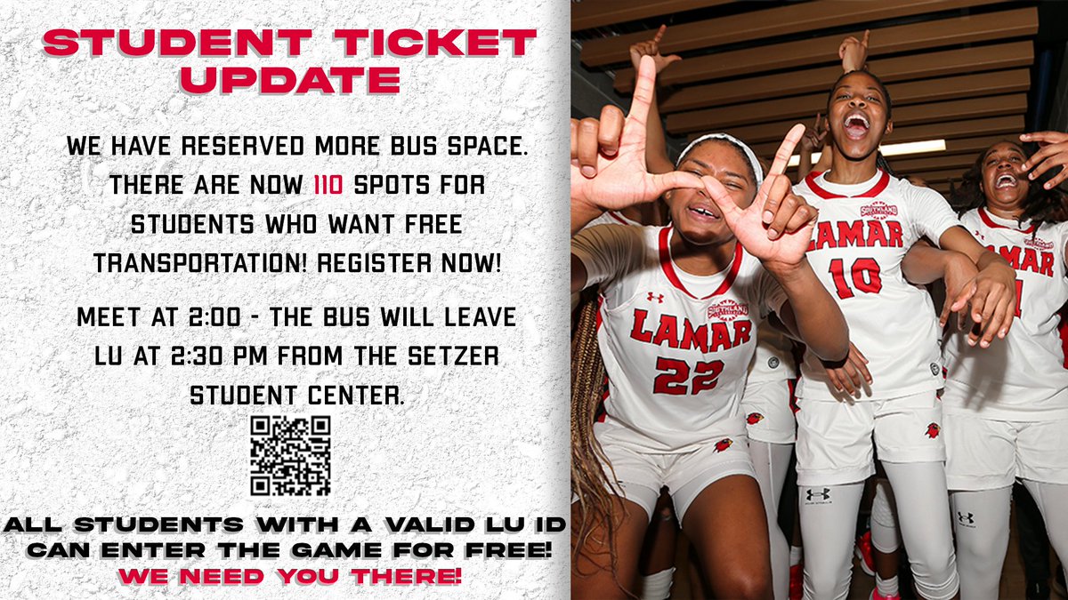 LamarAthletics's tweet image. 🚨STUDENTS🚨
We have added more buses for today's game! Register now and get to the game!!!