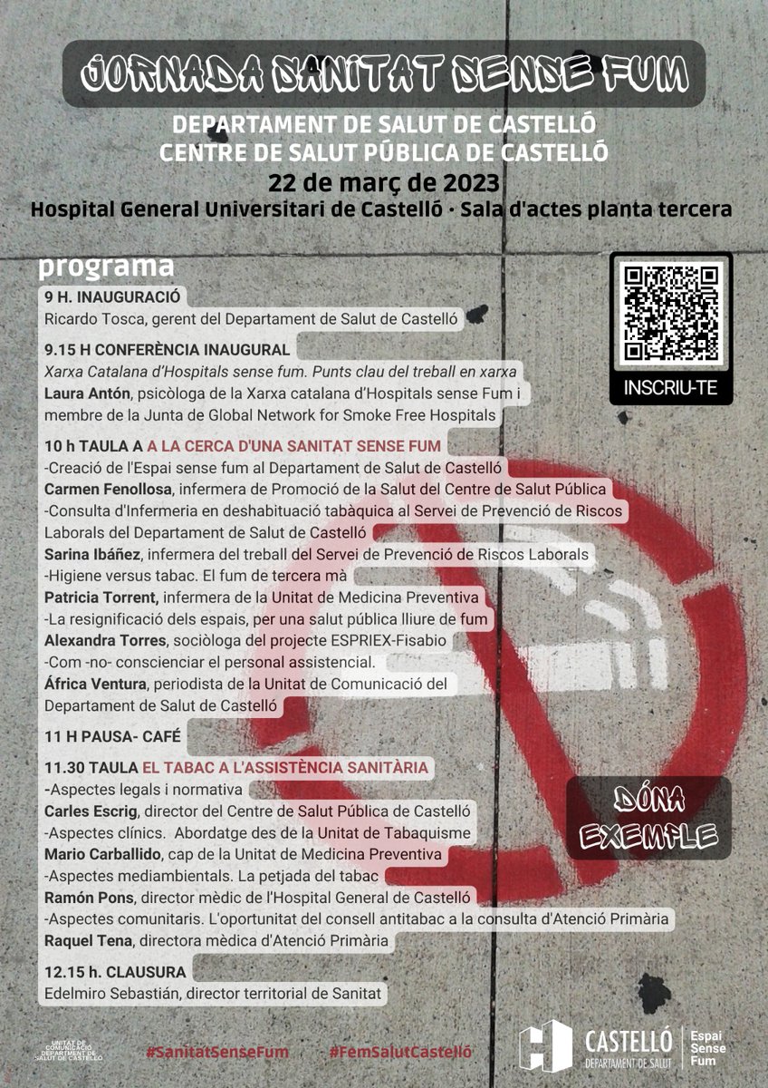 GVAdepsalutcs's tweet photo. 🚫🚬 AGENDA El dia 22 de març tindrà lloc la presentació de l'Espai Sense Fum amb aquesta jornada

Inscriu-te! https://t.co/ykcBu5bcnz

🗣️I recorda que els centres sanitaris i els seus entorns són espais lliures de fum

No fumes als voltants #donaexemple 
#FemSalutCastelló https://t.co/ZHWBD1KAz6